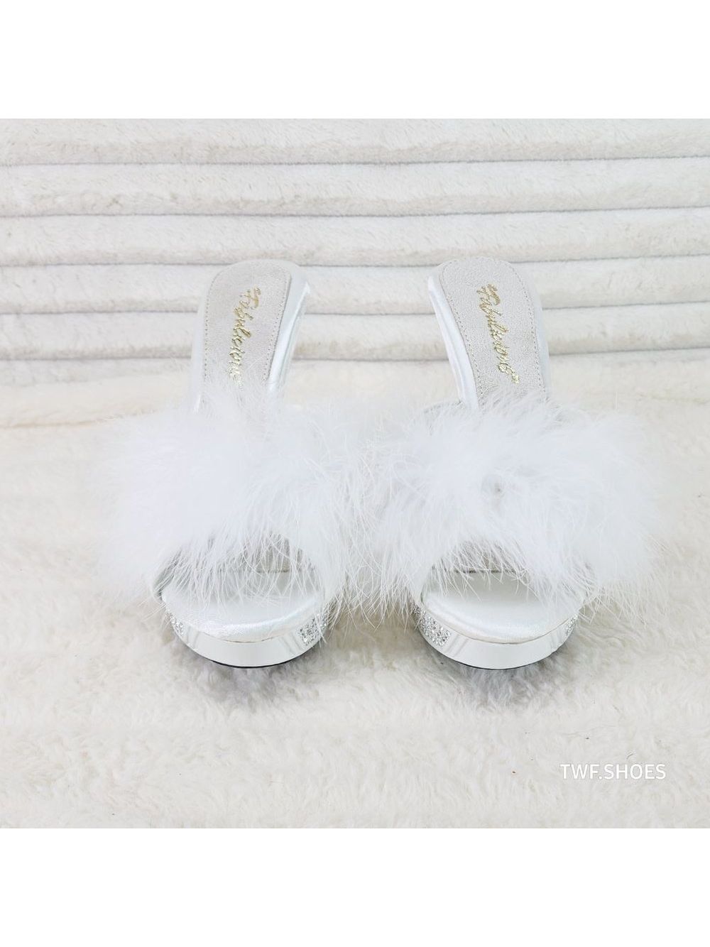 Your Majesty White Marabou Feather Rhinestone Platform Slip On Wedding Slides